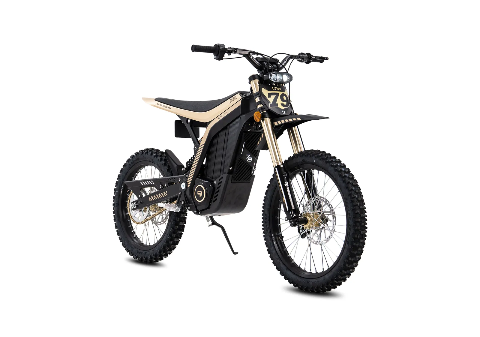 79BIKE Lynx preta e dourada vista em três quartos dianteira
